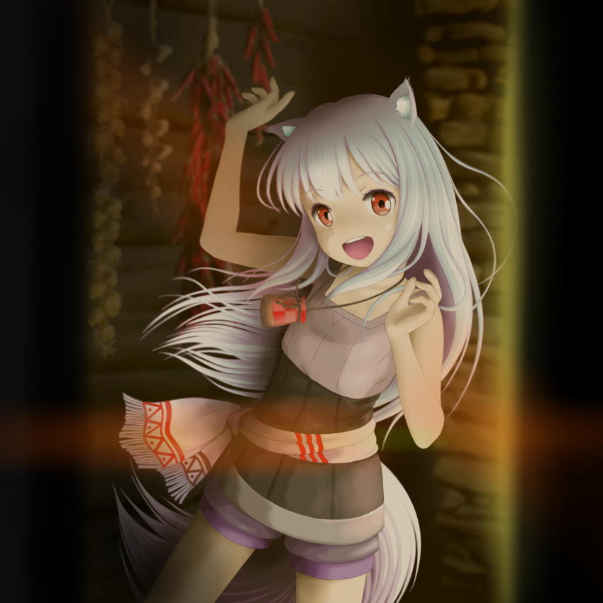 myuri(spice_and_wolf) open_mouth pouch red_eyes shorts silver_hair sleevele...