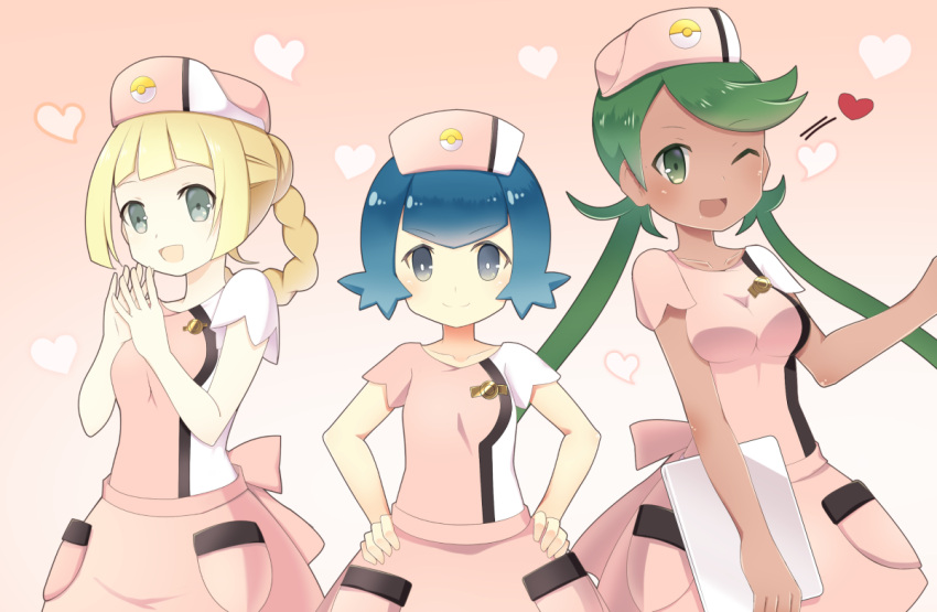 ...(pokemon) long_hair mallow(pokemon) multiple_girls nurse nurse_cap one_e...
