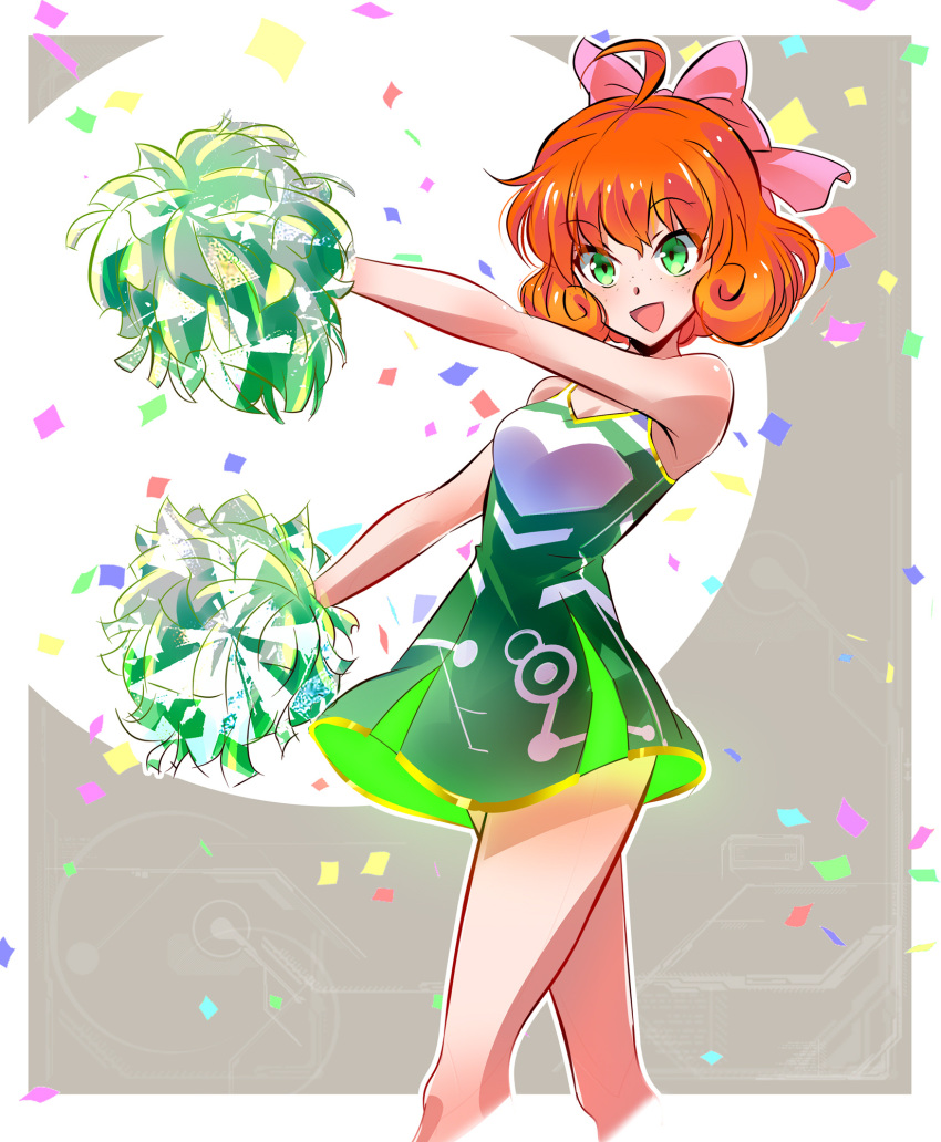 Safebooru 1girl D Ahoge Bare Arms Bare Shoulders Blush Bow Cheerleader Confetti Cropped Legs