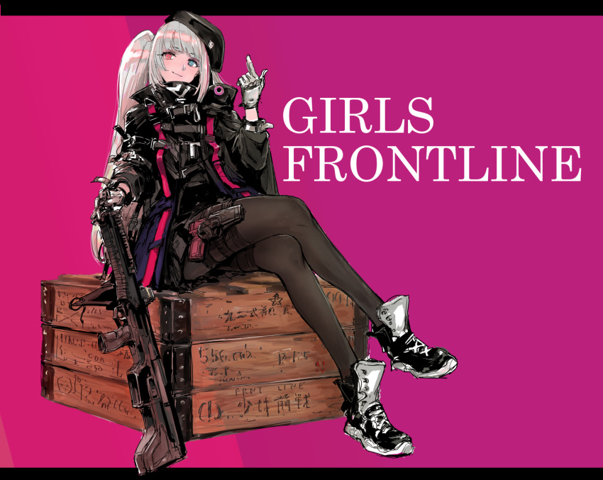 ...hat heterochromia highres holster jacket legs_crossed long_hair looking_...