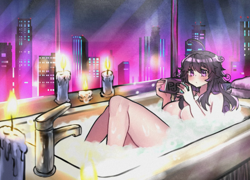 1girl ahoge bath bathing bathtub blush breasts bubble_bath candle closed_mo...