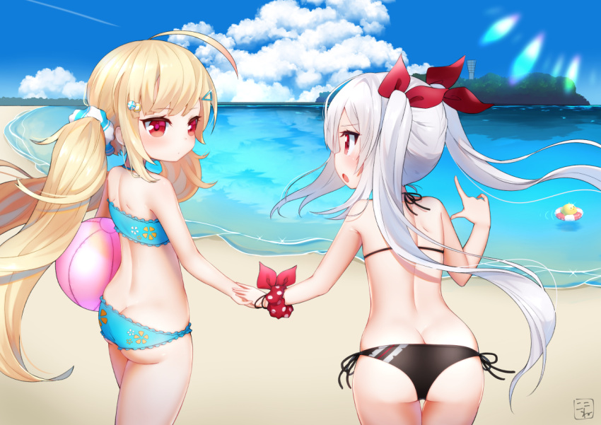 2girls :o ass azur_lane bangs bare_arms bare_shoulders beach bikini black_b...