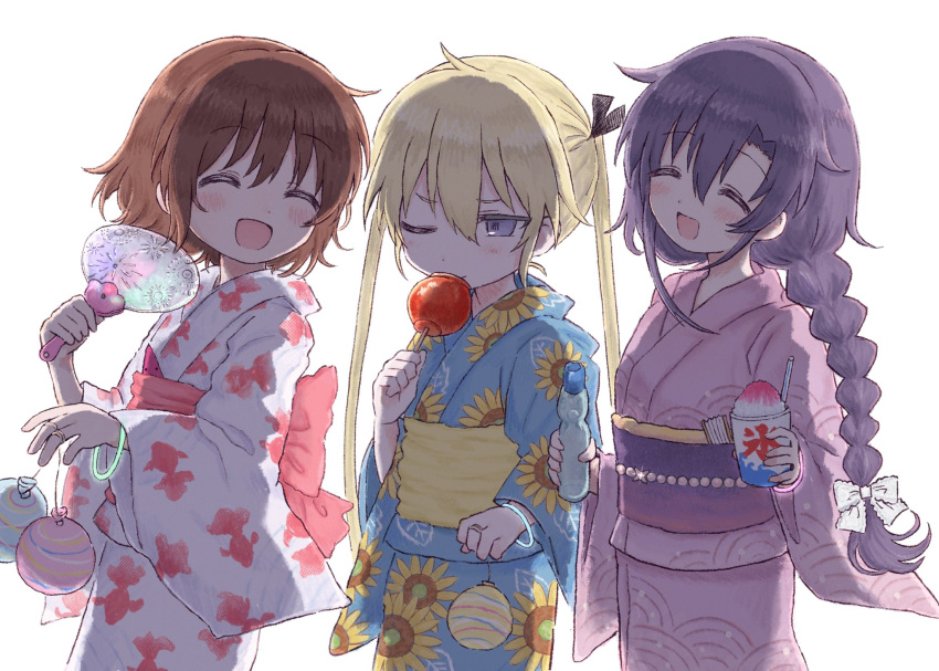 safebooru-3girls-alternate-hairstyle-blonde-hair-blue-kimono-bottle