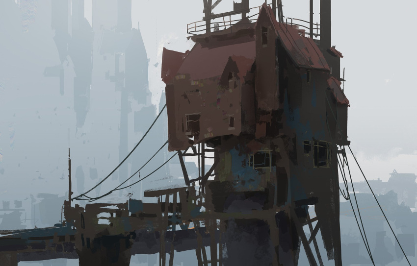 Safebooru anthony brault building day fog grey sky highres no