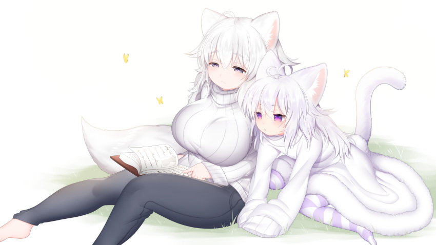 arm_support bangs barefoot black_pants blush book breasts bug butterfly cat_ears ...