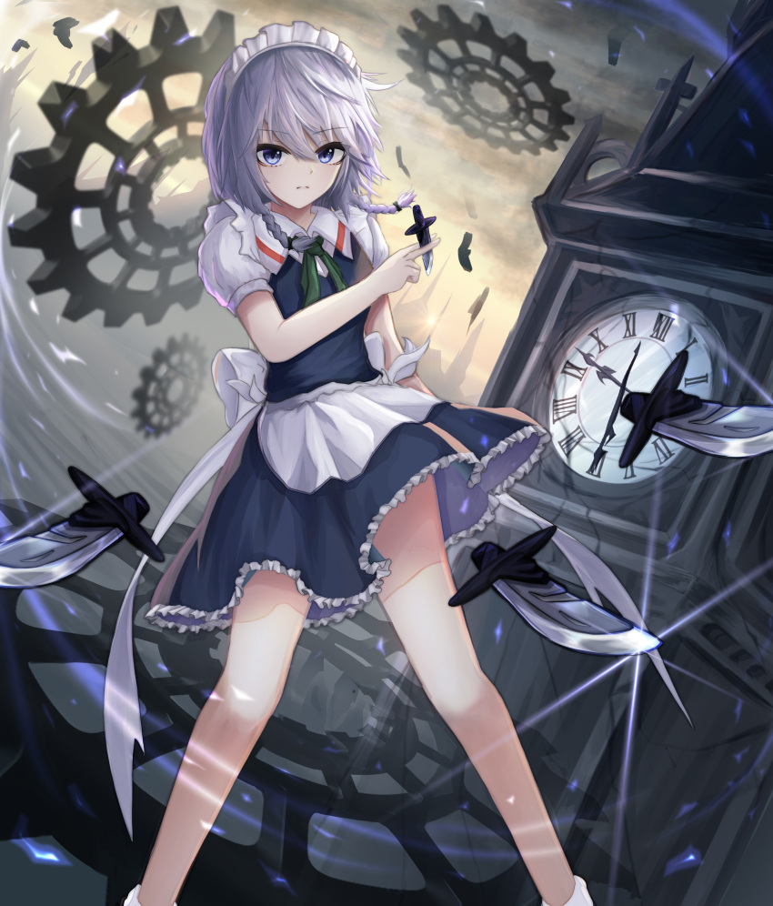 ...clock_tower floating_hair frilled_skirt frills green_ribbon highres hold...