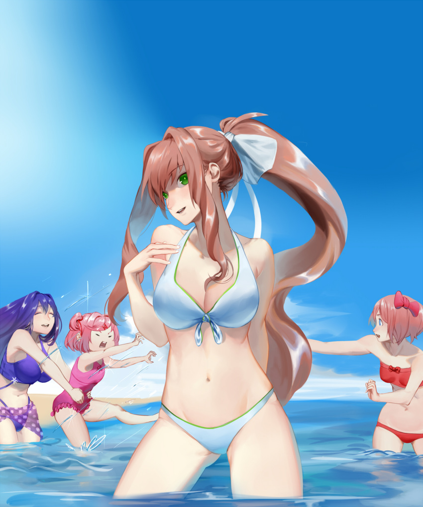 4girls :d arm_behind_back beach bikini blue_eyes blue_sky bow bow_bikini br...
