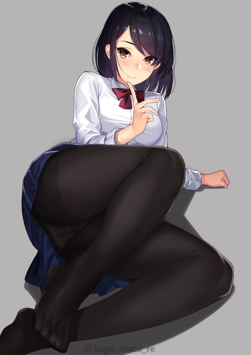 1girl ass bangs black_hair black_legwear blue_skirt blush bow brown_eyes dr...