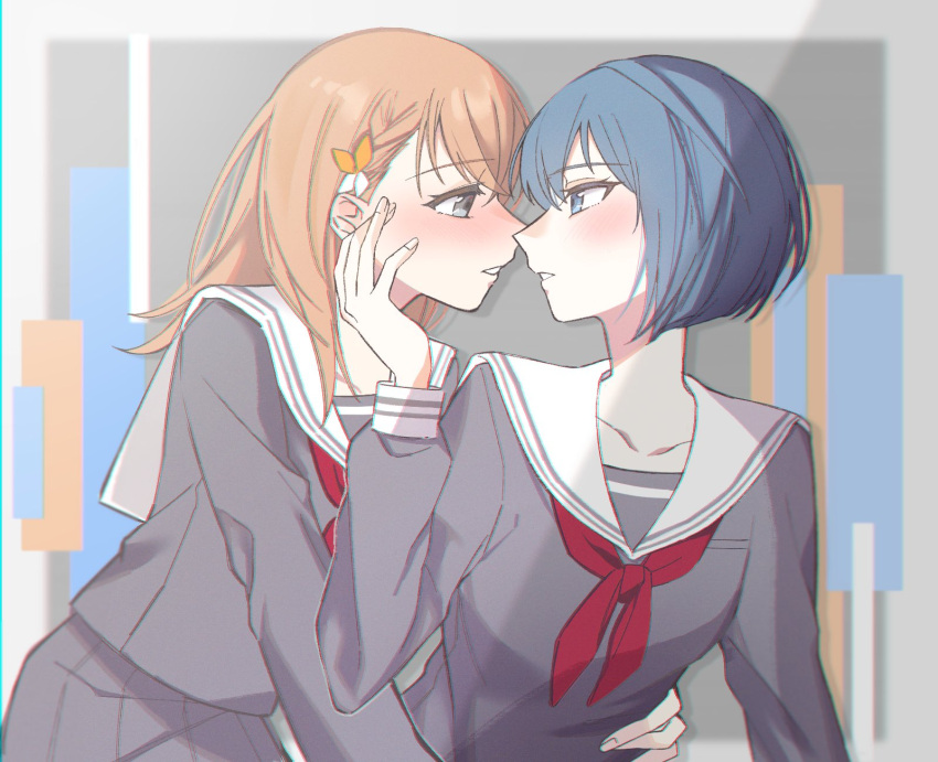 Safebooru - 2girls blue eyes blue hair blush chromatic aberration