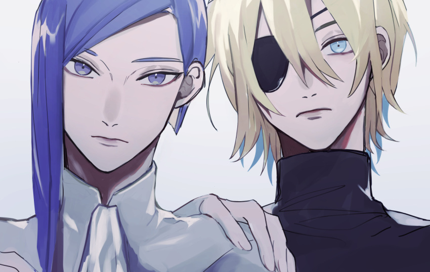 Safebooru - 2boys ascot asymmetrical hair black shirt blonde hair blue ...