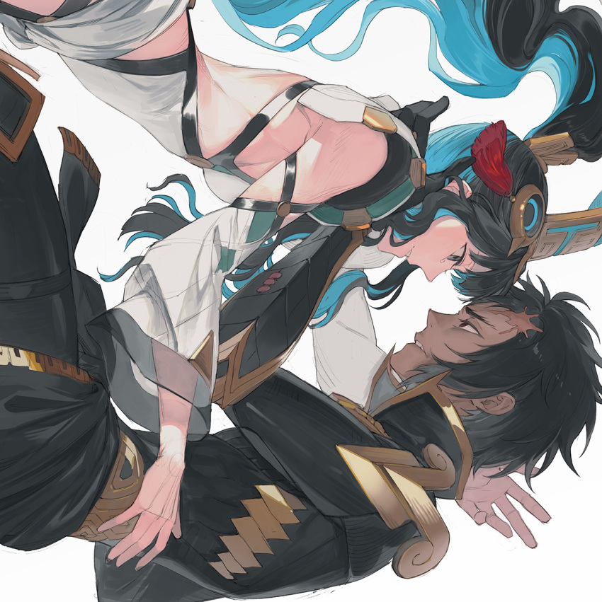 Safebooru - 1boy 1girl aztec bird black hair blue hair colored inner ...