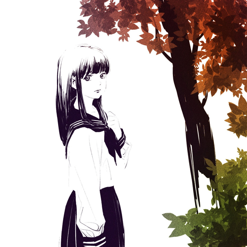 Safebooru 1girl Autumn Leaves Bangs Black Hair Black Sailor Collar Black Skirt Greyscale Hand 