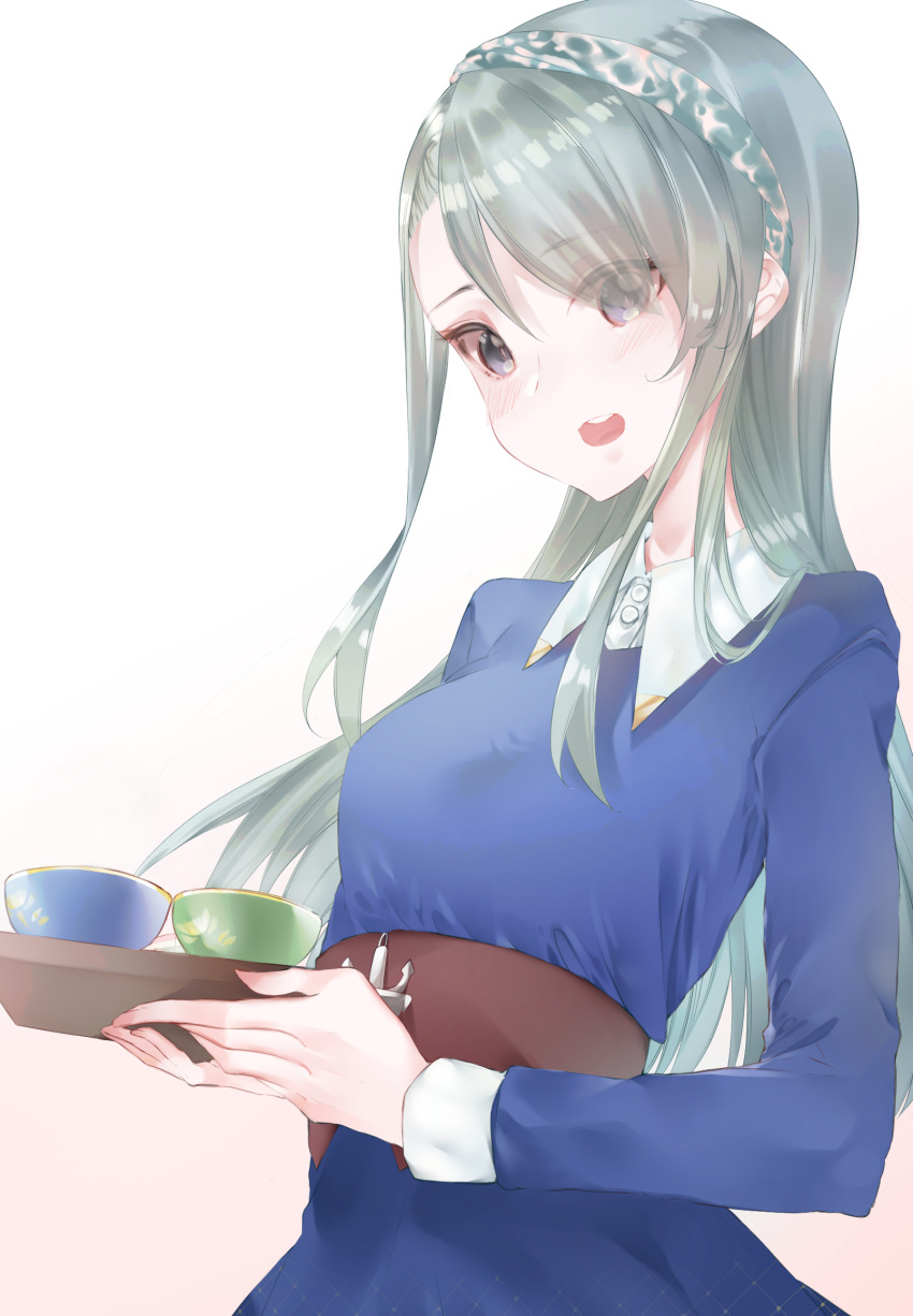 Safebooru 1girl Belt Blue Dress Blush Dress Eyebrows Visible Through Hair Food Hair Between