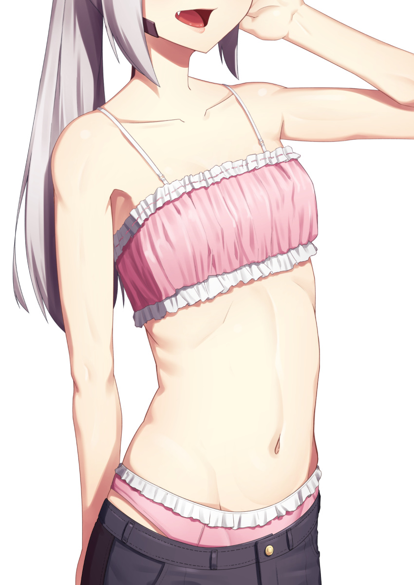 1girl arm_up bare_arms bare_shoulders black_pants bra collarbone commentary...