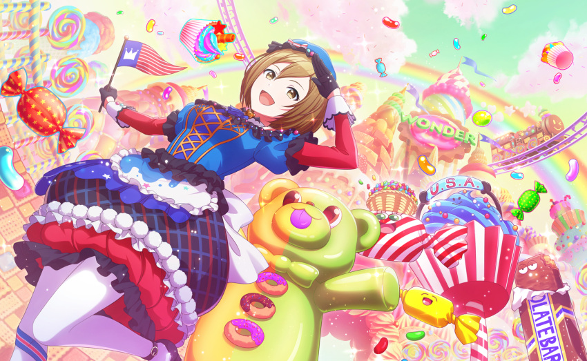 Safebooru - 1girl :d basket black gloves blue hat brown eyes candy ...