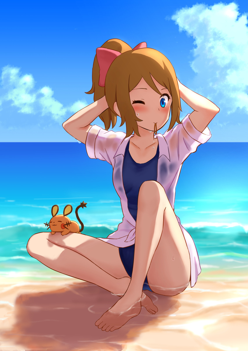 blue_sky blue_swimsuit blush bow clouds collared_shirt day dedenne dress_sh...