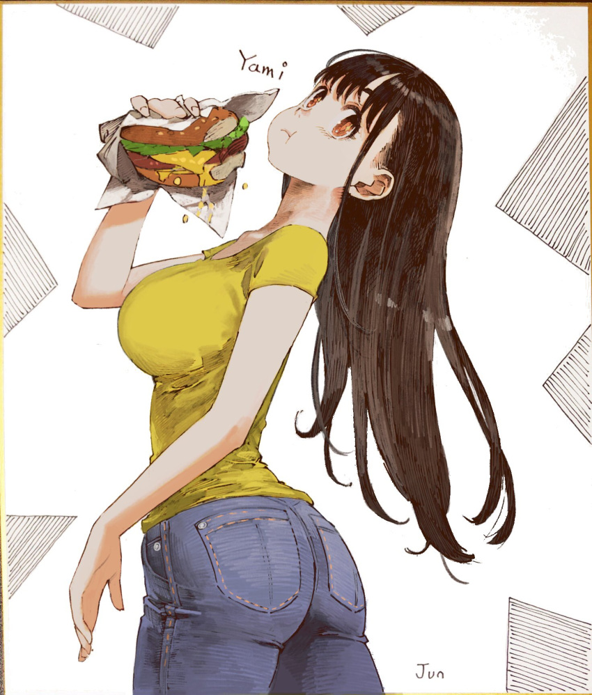 ...character_name collarbone denim eating food hamburger highres holding ho...
