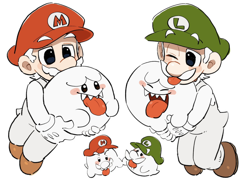 Safebooru - 2boys blue eyes blue overalls boo (mario) boo mario brown ...