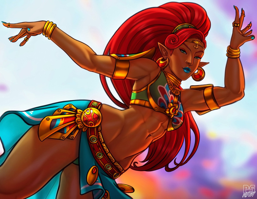 1girl abs belly_dancing big_hair blue_lipstick blue_nails bracelet breasts ...