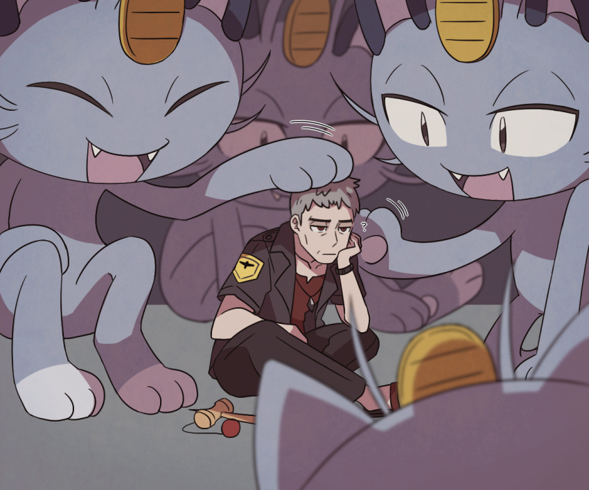 1boy alolan_form alolan_meowth animal black_eyes black_pants brown_eyes clo...