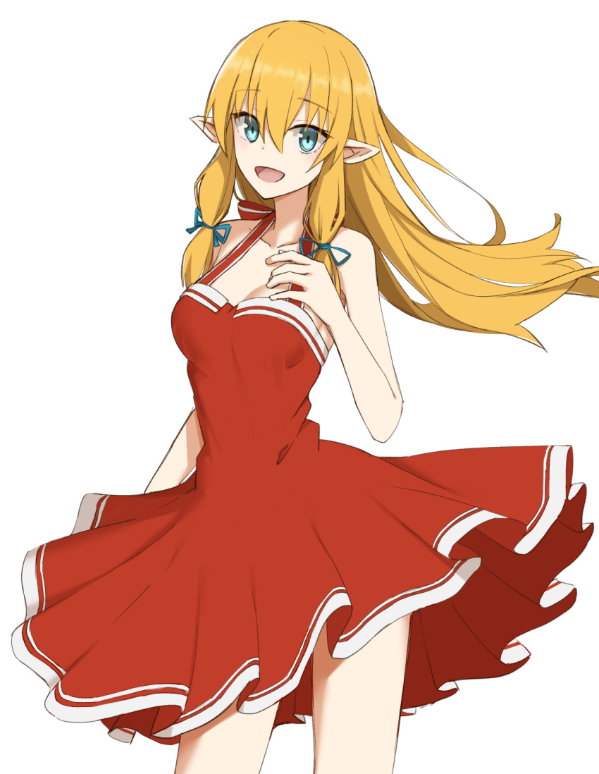 Safebooru 1girl Bangs Bare Shoulders Blonde Hair Blue Ribbon Breasts Commentary Request Dress