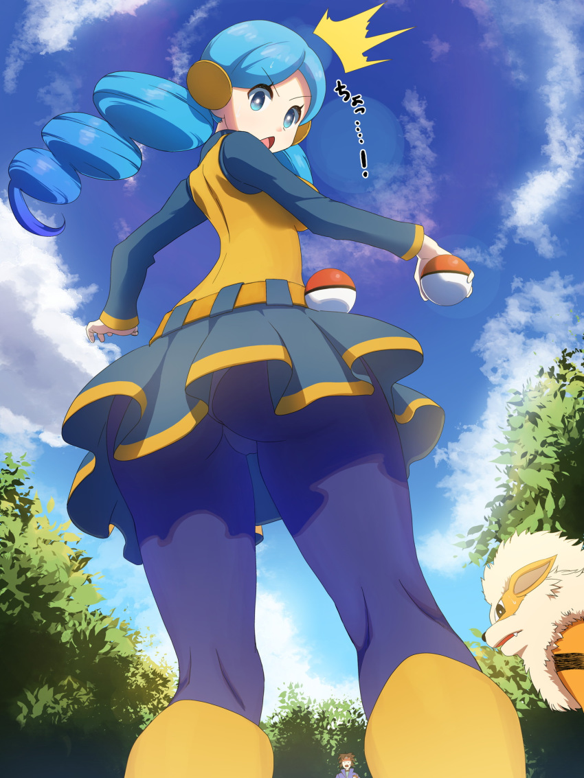 1boy 1girl ace_trainer(pokemon) arcanine ass bangs blue_eyes blue_hair blue...