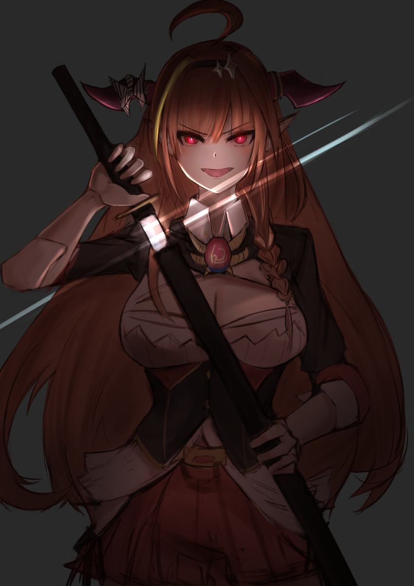 ...fangs glowing glowing_eyes grey_background highres hololive horn_bow hor...