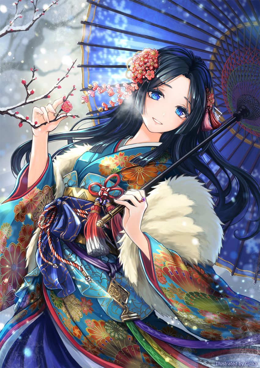 Safebooru - 1girl black hair blue eyes blue kimono blue umbrella ...