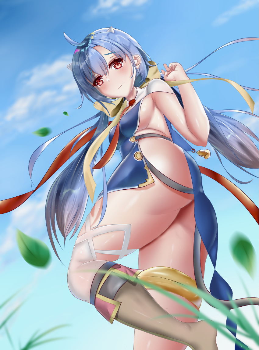 1girl absurdres ahoge ass bangs blue_hair breasts day epic7 from_below hand...