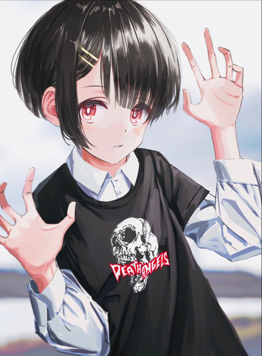 1girl black_hair black_shirt bowl_cut child claw_pose dress_shirt english_t...