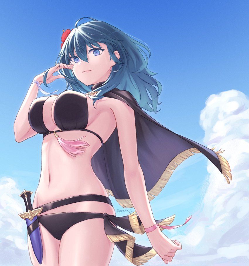 1girl bikini black_bikini blue_eyes blue_hair blue_sky breasts byleth(fire_...