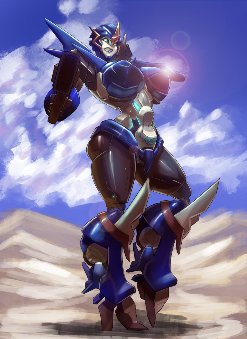 1girl absurdres aiming_at_viewer arcee autobot blue_eyes breasts clenched_t...