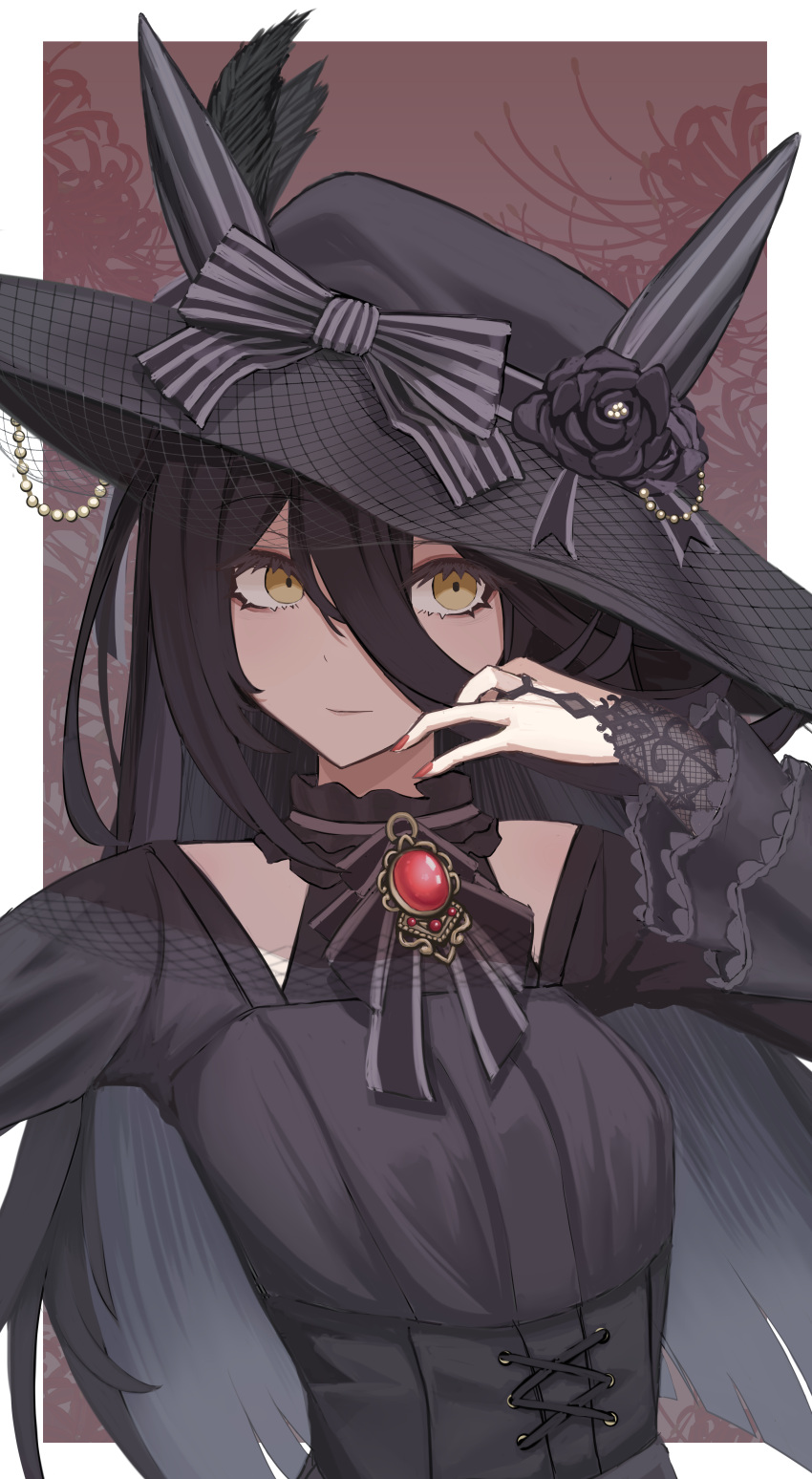 Safebooru - 1girl absurdres black bow black dress black hair black hat ...