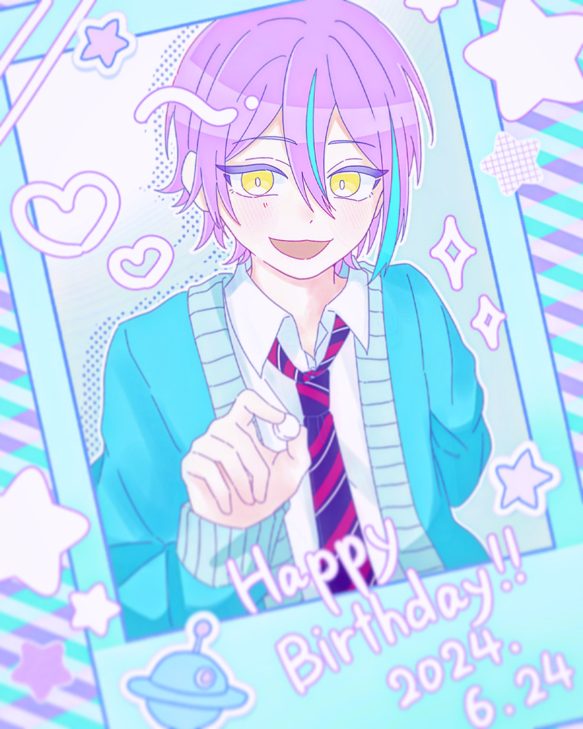 Smiling Rui Safebooru - 1boy blue cardigan cardigan collared shirt hair between ...