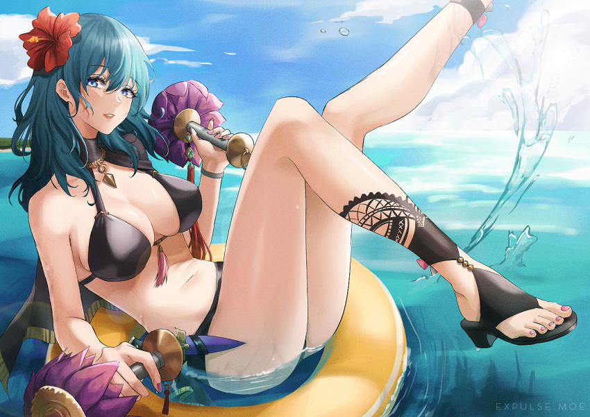 bikini black_bikini black_footwear blue_eyes blue_sky breasts byleth(fire_e...