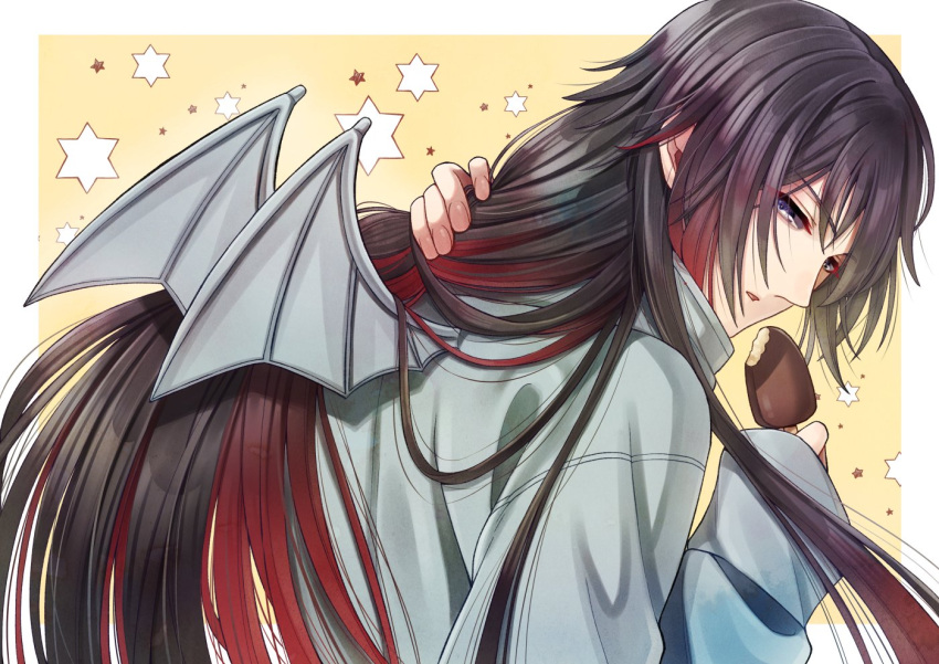 Safebooru - 1boy adjusting hair bat wings black hair border bungou to ...