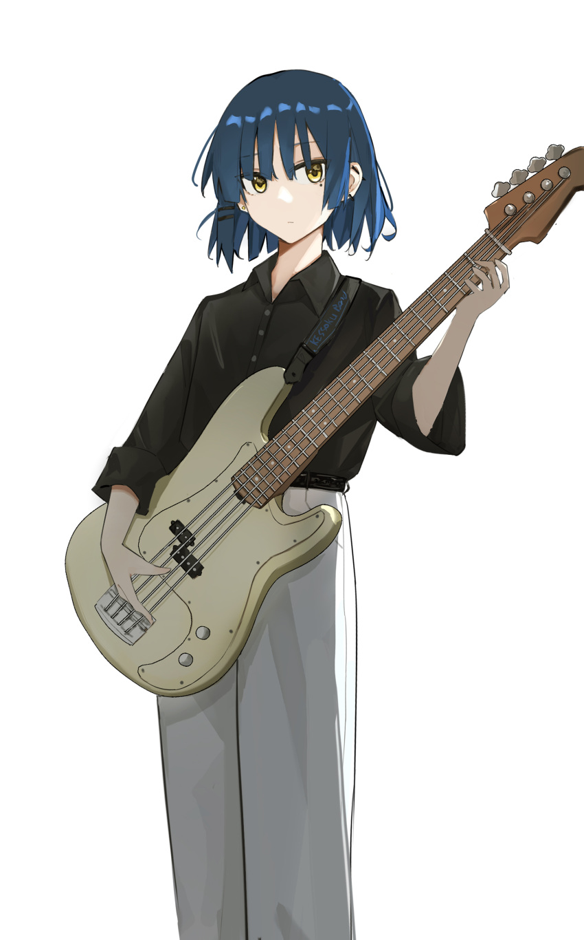 Safebooru - 1girl absurdres bass guitar black shirt blue hair bocchi ...