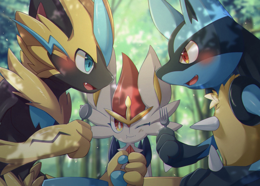 cinderace commentary_request eye_contact fang forest fork furry gen_4_pokem...