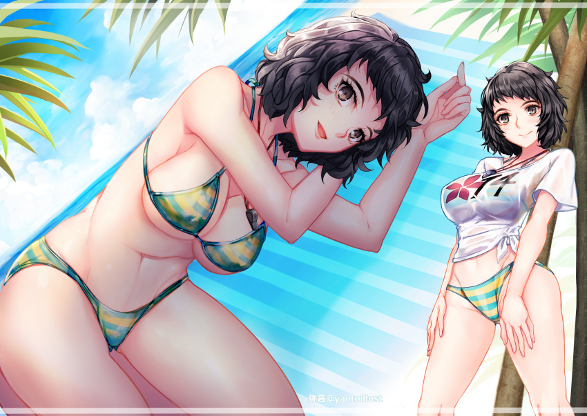 against_tree bent_over bikini black_hair breasts brown_eyes closed_mouth gr...