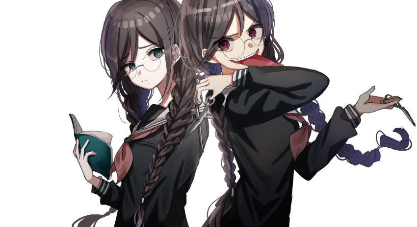 frown fukawa_touko genocider_shou glasses hand_up highres holding holding_b...
