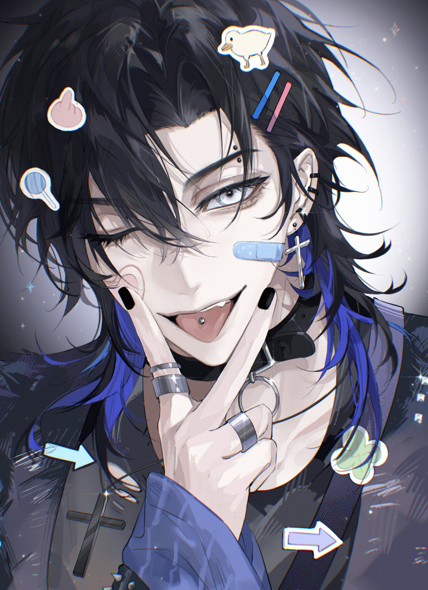 Safebooru - 1boy ;p absurdres bandaid bandaid on face black collar ...