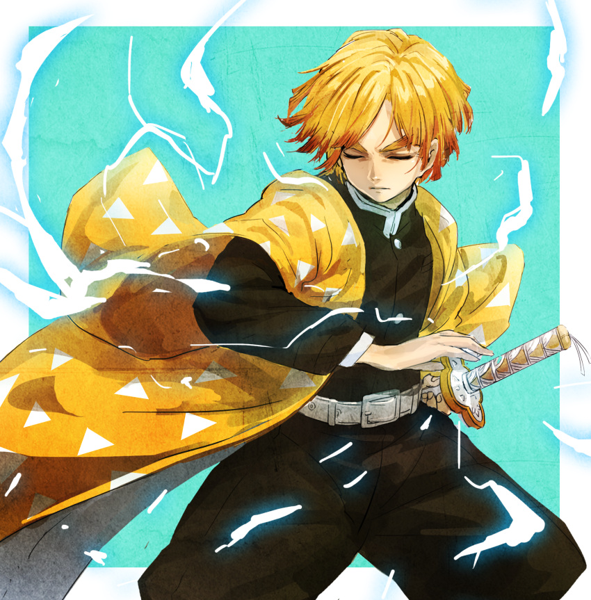 Safebooru 1boy agatsuma zenitsu belt blonde hair closed eyes