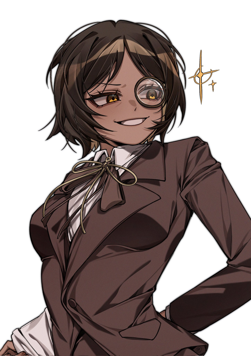 Monacle Ribbon Safebooru - 1girl arm behind back brown hair brown jacket grin highres ...