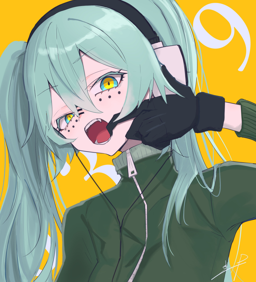 Safebooru 1girl Aqua Eyes Aqua Hair Bangs Black Gloves Facial Mark Fang Gloves Green Hair 