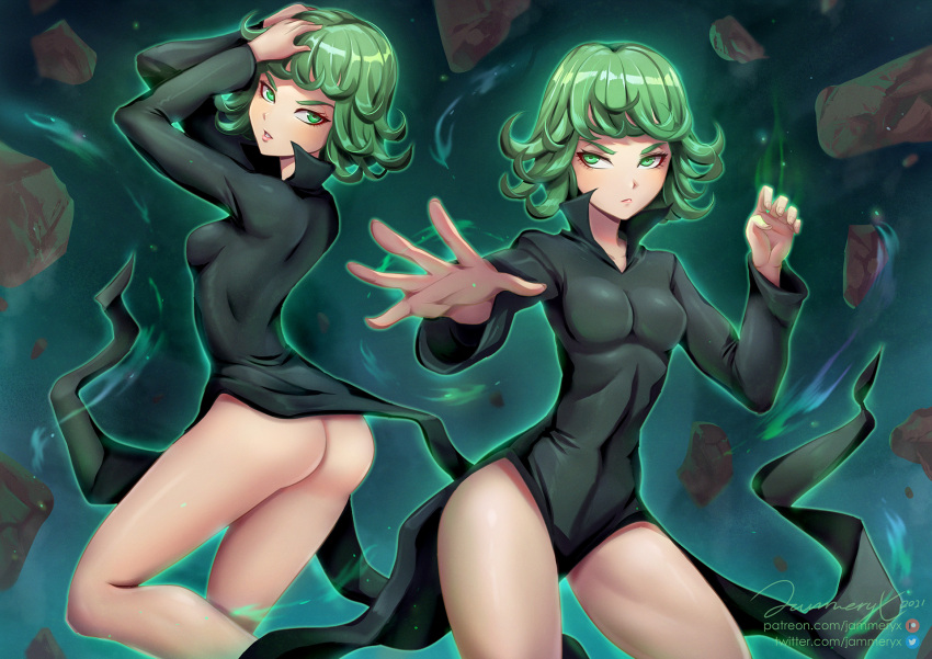 covered_navel curly_hair dress floating_rock green_eyes green_hair highres ...