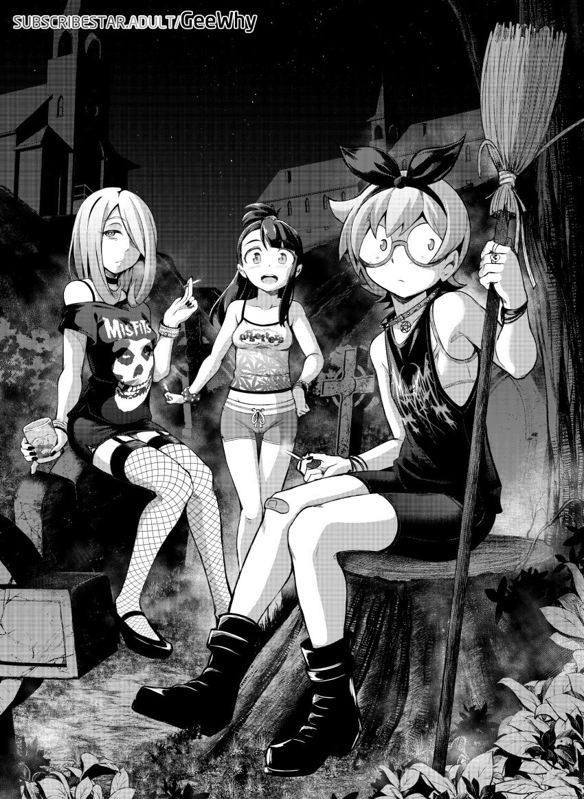 ...fishnets flat_chest garter_straps geewhy glasses greyscale hair_over_one...