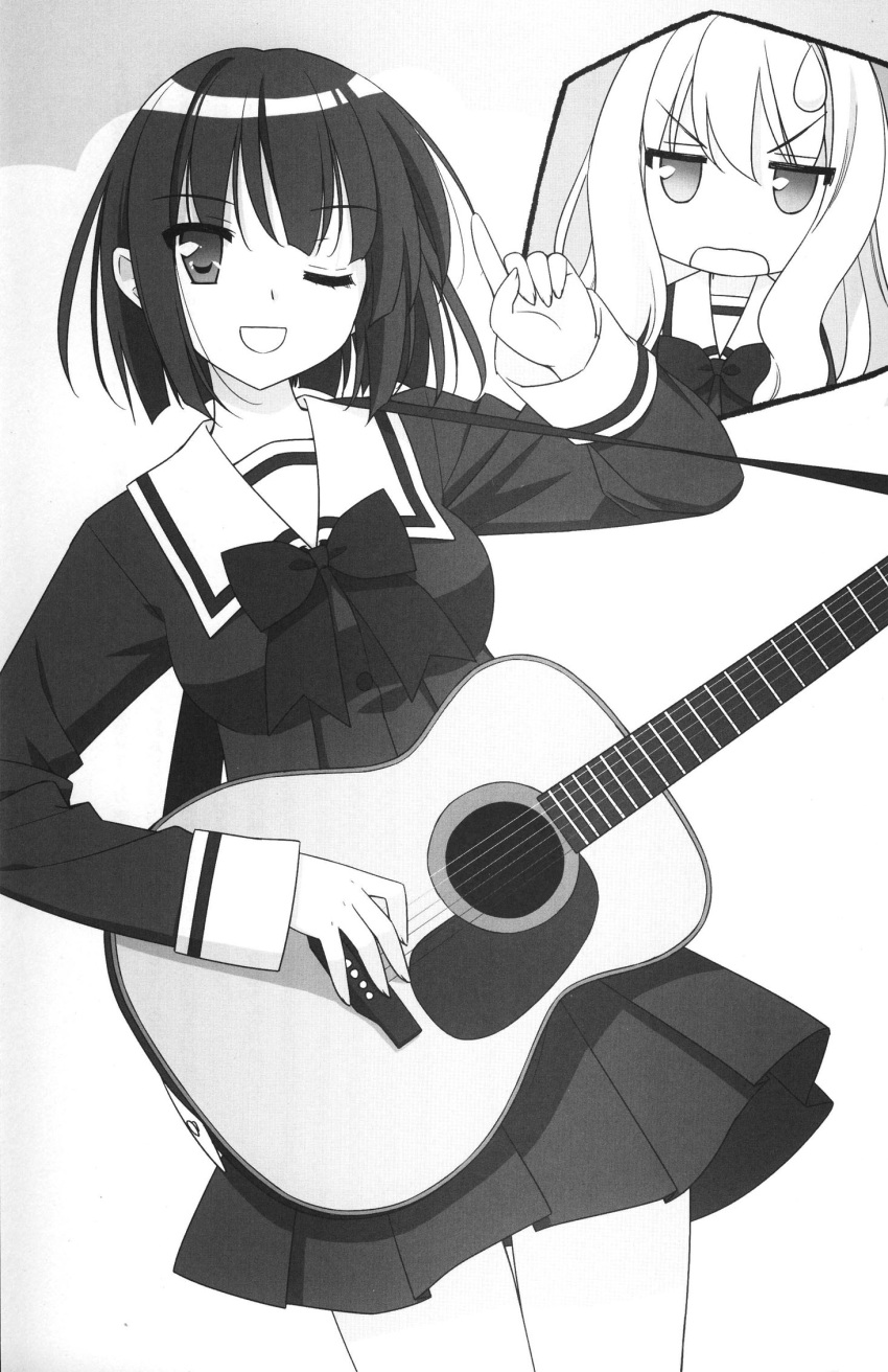 Safebooru 2girls Black Hair Blush Guitar Highres Instrument Kawamura Reo Long Hair Monochrome