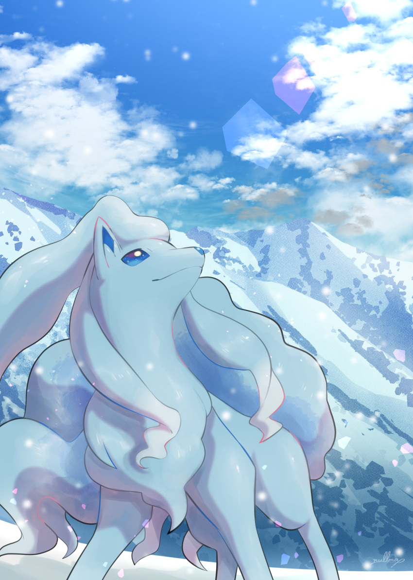 absurdres alolan_form alolan_ninetales blue_eyes closed_mouth clouds commen...