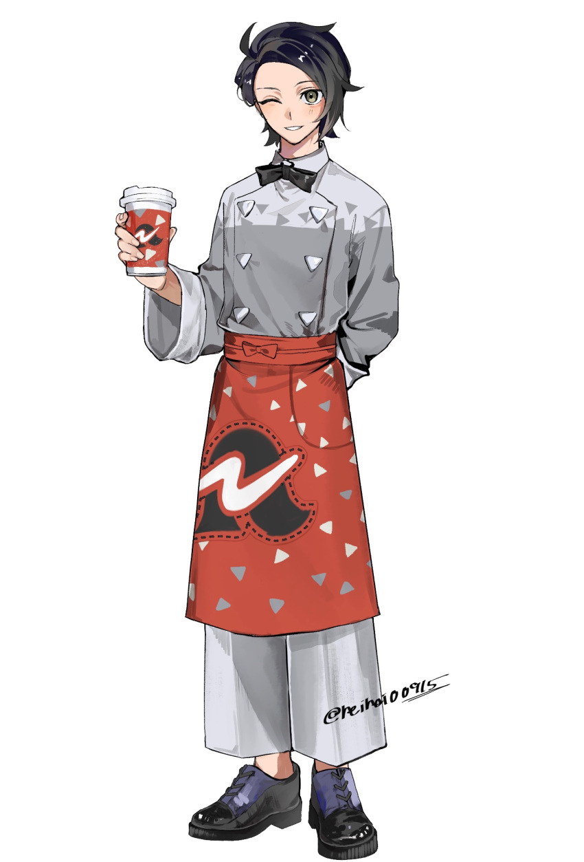 Safebooru - 1boy alternate costume apron arm behind back black bow