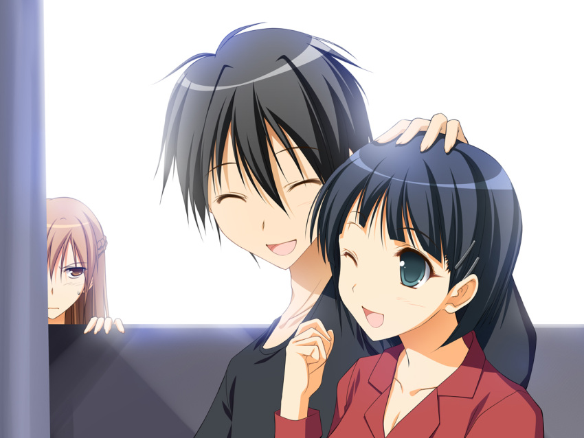 1boy 2girls asuna(sao) black_hair closed_eyes green_eyes jealous kirigaya_s...